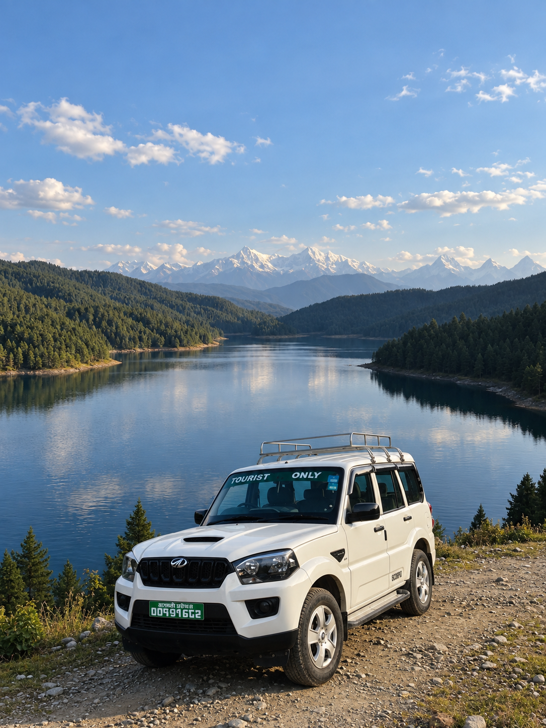 Nepal Comfort tourist vehicle overlooking a mountain lake
