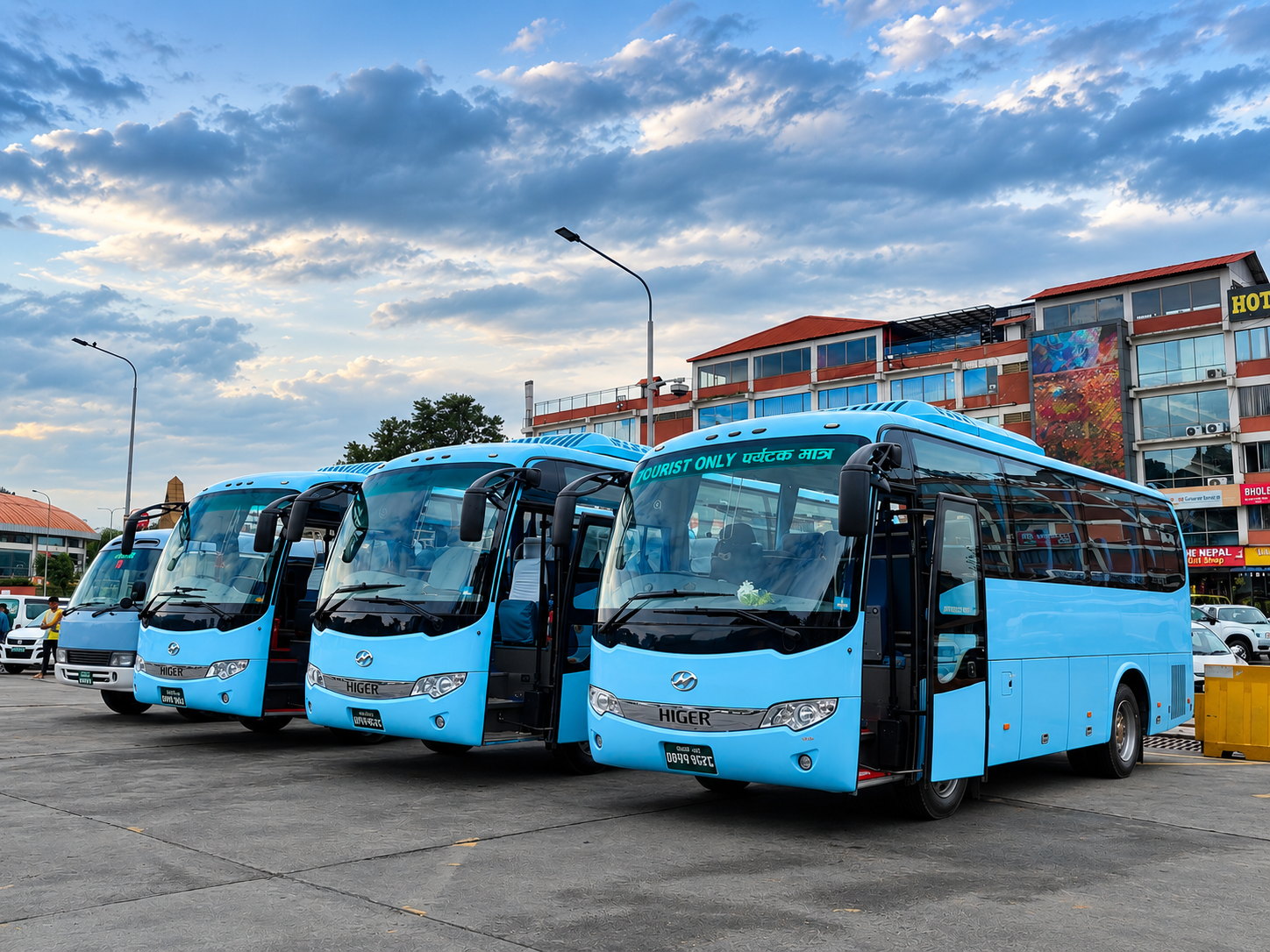 Nepal Comfort coaches lined up at Kathmandu airport