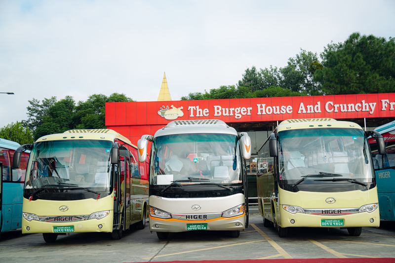 Cream and champagne Higer coaches, front on